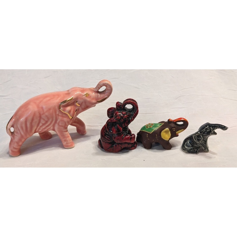 4 Elephants Figurines Trunk Up Moriage Ceramic Japan Resin Pink Gold Vtg Trinket - Picture 6 of 16